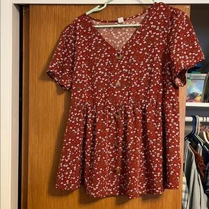Red Floral Button-Up Blouse